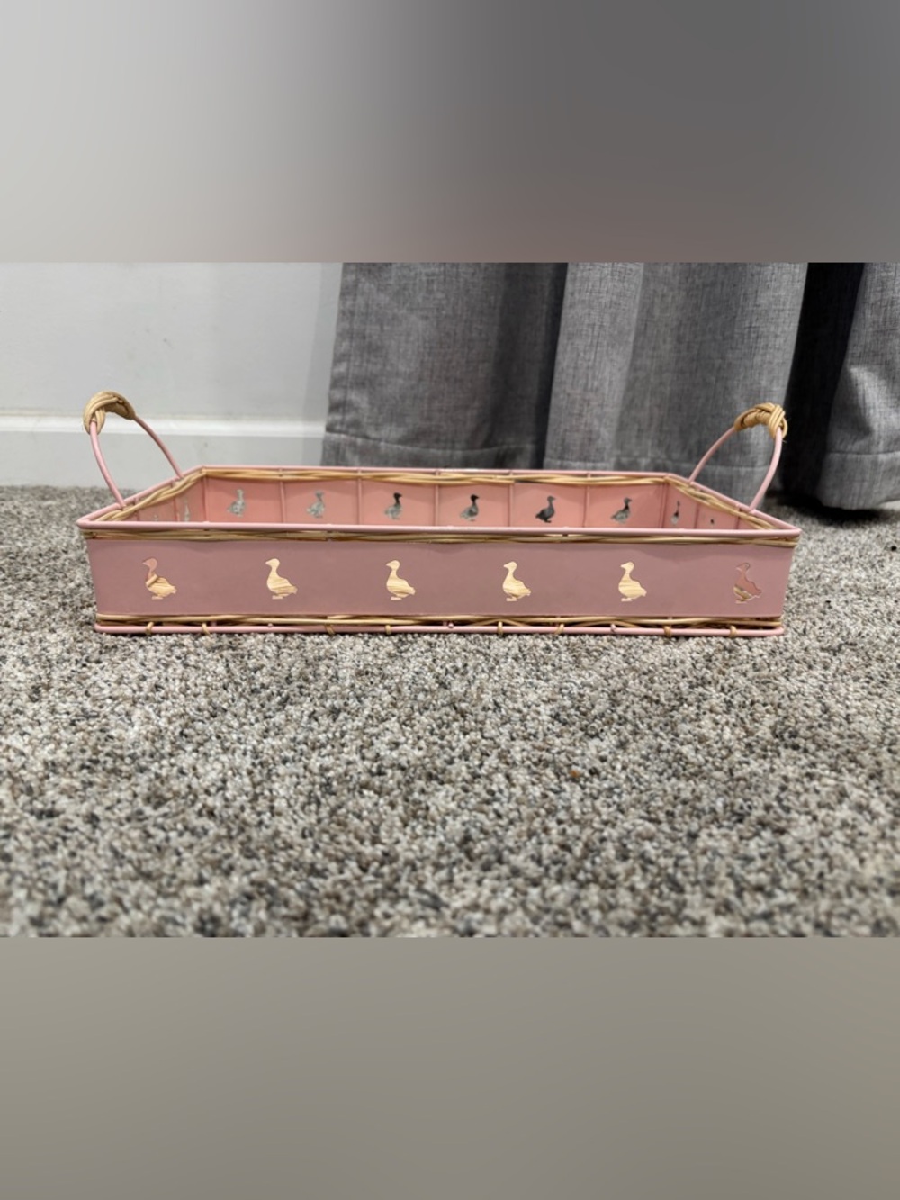 Pink Duck Basket/Nursery Tray Woven Rattan Base w/pink Metal Frame Cottagecore